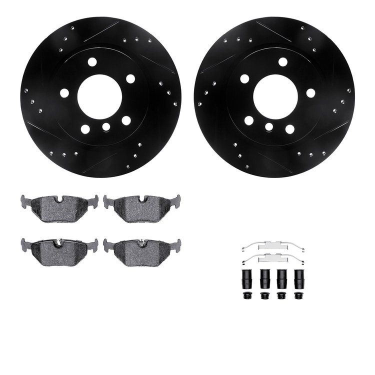 8512-31373 Drilled/Slotted Brake Rotors w/5000 Advanced Brake Pads Kit & Hardware [Black], 2003-2008 BMW, Position: Rear