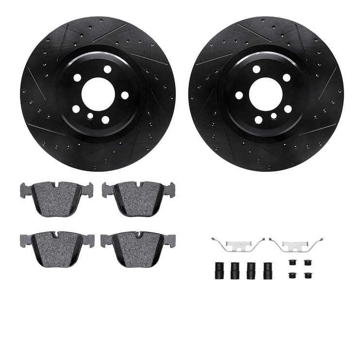 8512-31485 Drilled/Slotted Brake Rotors w/5000 Advanced Brake Pads Kit & Hardware [Black], 2009-2015 BMW, Position: Rear