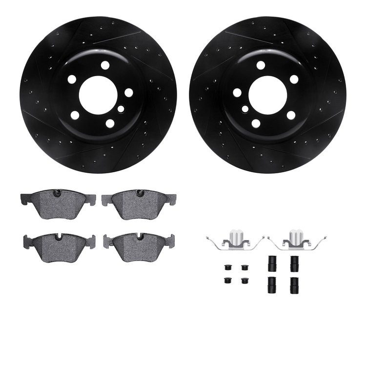 8512-31522 Drilled/Slotted Brake Rotors w/5000 Advanced Brake Pads Kit & Hardware [Black], 2011-2011 BMW, Position: Front