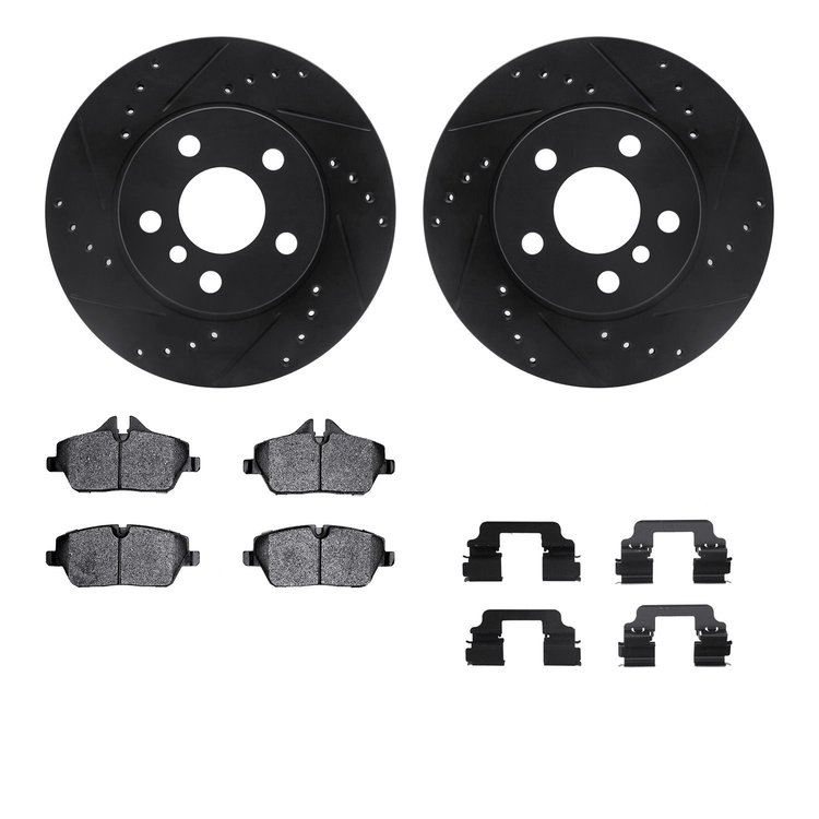 8512-31608 Drilled/Slotted Brake Rotors w/5000 Advanced Brake Pads Kit & Hardware [Black], 2014-2021 BMW, Position: Front
