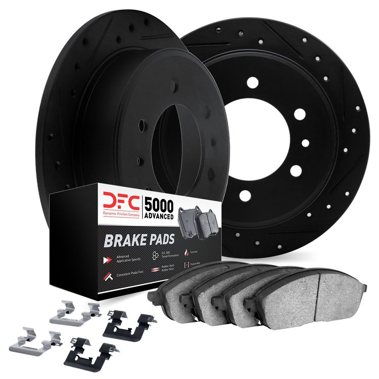 8512-37003 Drilled/Slotted Brake Rotors w/5000 Advanced Brake Pads Kit & Hardware [Black], 1981-1983 GM, Position: Front