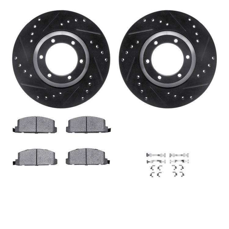 8512-37004 Drilled/Slotted Brake Rotors w/5000 Advanced Brake Pads Kit & Hardware [Black], 1984-1987 GM, Position: Front