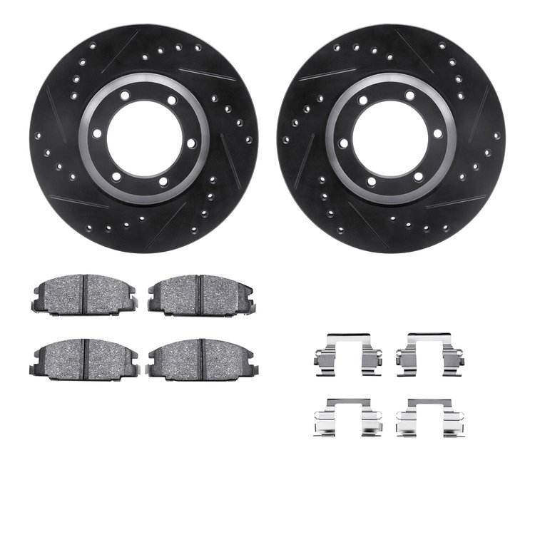 8512-37006 Drilled/Slotted Brake Rotors w/5000 Advanced Brake Pads Kit & Hardware [Black], 1986-1986 GM, Position: Front