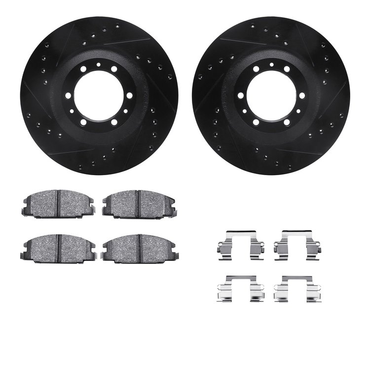 8512-37008 Drilled/Slotted Brake Rotors w/5000 Advanced Brake Pads Kit & Hardware [Black], 1995-1995 GM, Position: Front