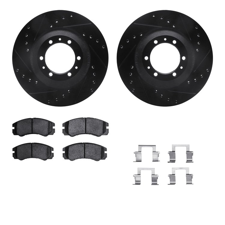 8512-37012 Drilled/Slotted Brake Rotors w/5000 Advanced Brake Pads Kit & Hardware [Black], 1992-2002 Multiple Makes/Models, Posi