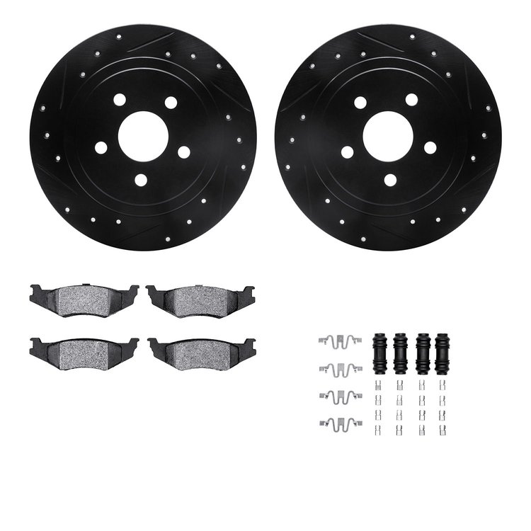 8512-39000 Drilled/Slotted Brake Rotors w/5000 Advanced Brake Pads Kit & Hardware [Black], 1989-1995 Mopar, Position: Rear