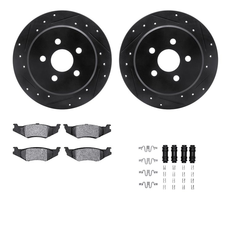 8512-39004 Drilled/Slotted Brake Rotors w/5000 Advanced Brake Pads Kit & Hardware [Black], 2003-2010 Mopar, Position: Rear