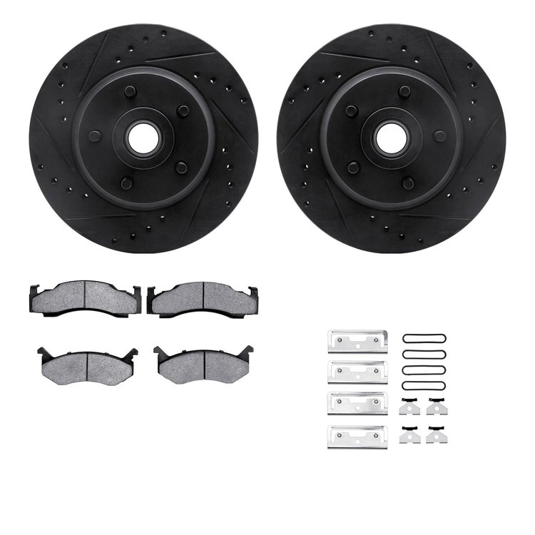 8512-39008 Drilled/Slotted Brake Rotors w/5000 Advanced Brake Pads Kit & Hardware [Black], 1973-1981 Mopar, Position: Front