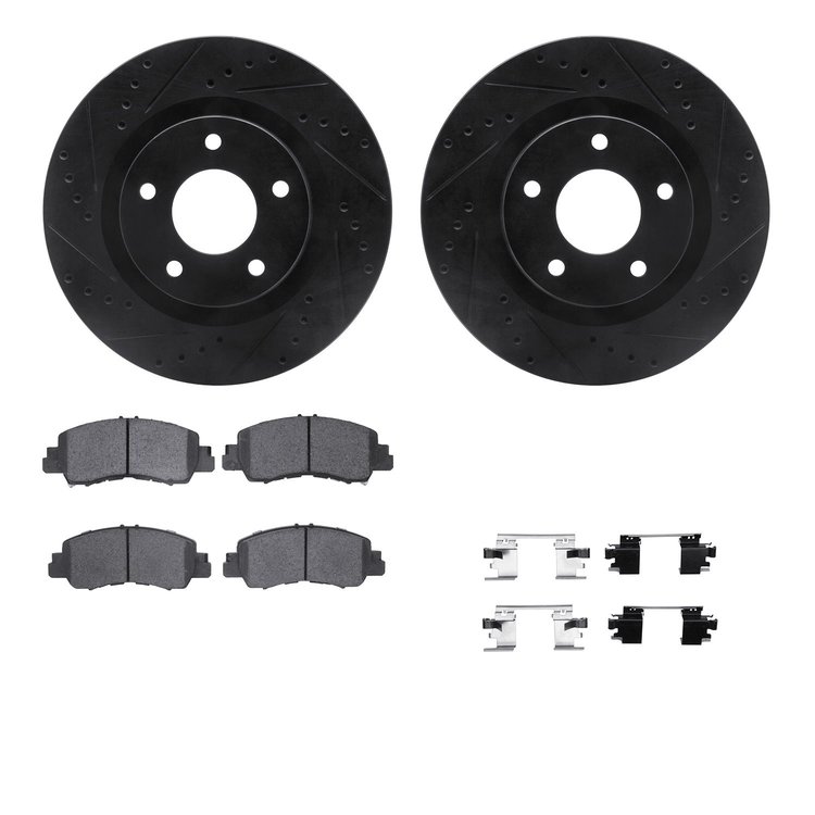 8512-39015 Drilled/Slotted Brake Rotors w/5000 Advanced Brake Pads Kit & Hardware [Black], Fits Select Mitsubishi, Position: Fro