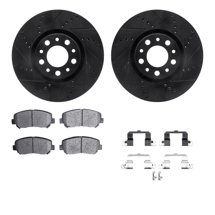 8512-39017 Drilled/Slotted Brake Rotors w/5000 Advanced Brake Pads Kit & Hardware [Black], 2013-2016 Mopar, Position: Front