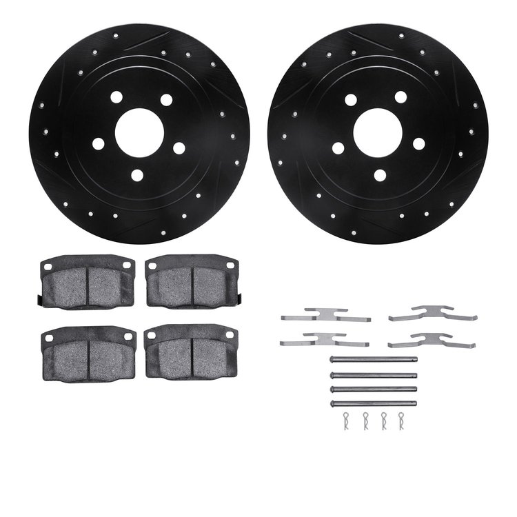 8512-39034 Drilled/Slotted Brake Rotors w/5000 Advanced Brake Pads Kit & Hardware [Black], 1988-1989 GM, Position: Rear