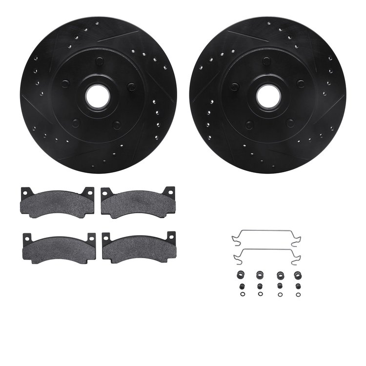 8512-39038 Drilled/Slotted Brake Rotors w/5000 Advanced Brake Pads Kit & Hardware [Black], 1973-1976 Mopar, Position: Front