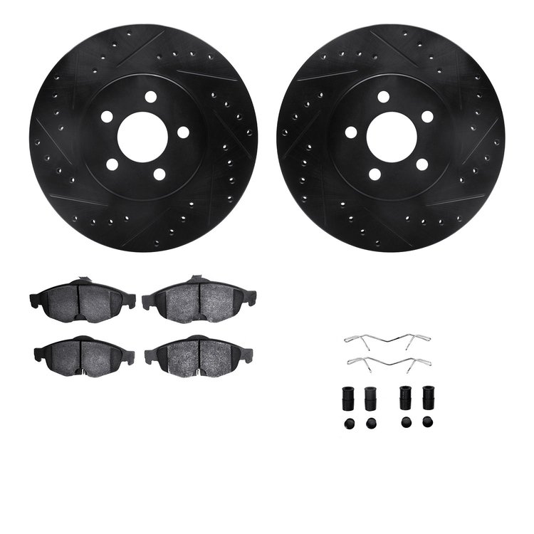 8512-39049 Drilled/Slotted Brake Rotors w/5000 Advanced Brake Pads Kit & Hardware [Black], 2001-2006 Mopar, Position: Front