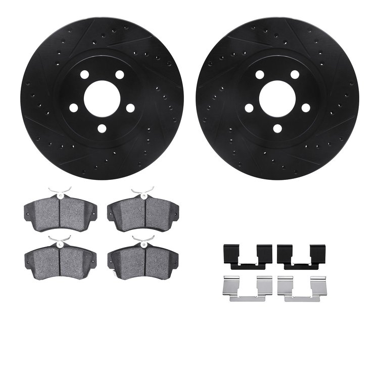 8512-39083 Drilled/Slotted Brake Rotors w/5000 Advanced Brake Pads Kit & Hardware [Black], 2001-2010 Mopar, Position: Front