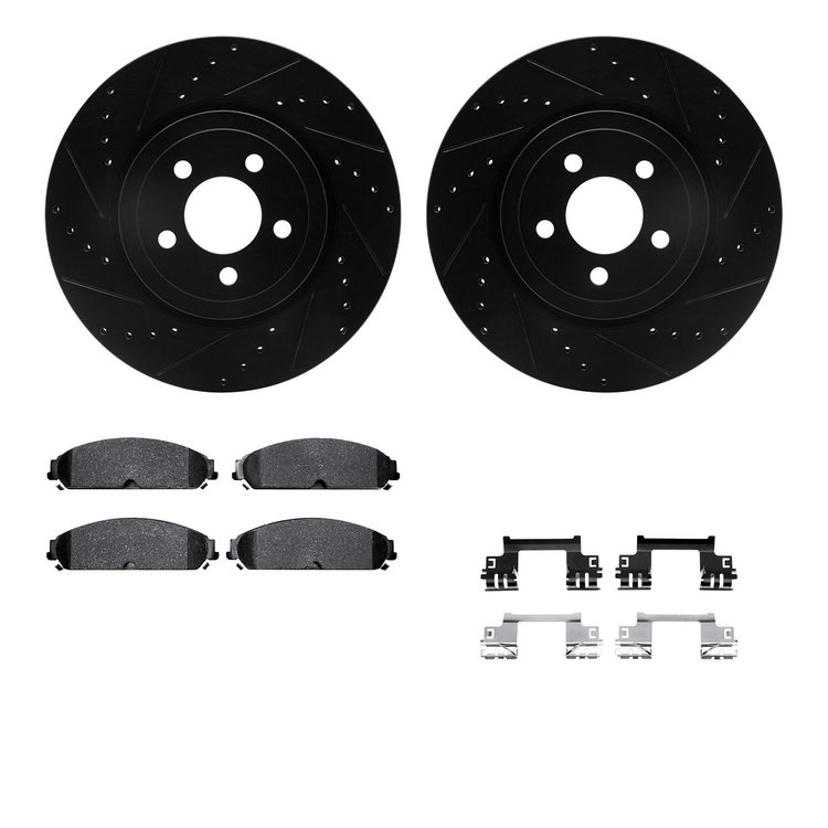 8512-39101 Drilled/Slotted Brake Rotors w/5000 Advanced Brake Pads Kit & Hardware [Black], 2005-2020 Mopar, Position: Front