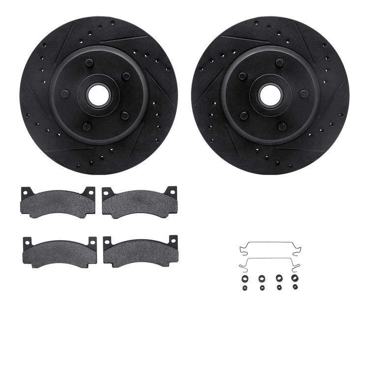 8512-39104 Drilled/Slotted Brake Rotors w/5000 Advanced Brake Pads Kit & Hardware [Black], 1972-1973 Mopar, Position: Front