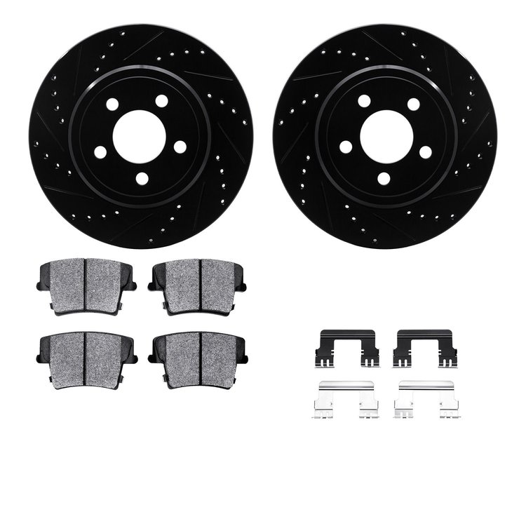 8512-39111 Drilled/Slotted Brake Rotors w/5000 Advanced Brake Pads Kit & Hardware [Black], 2005-2018 Mopar, Position: Rear