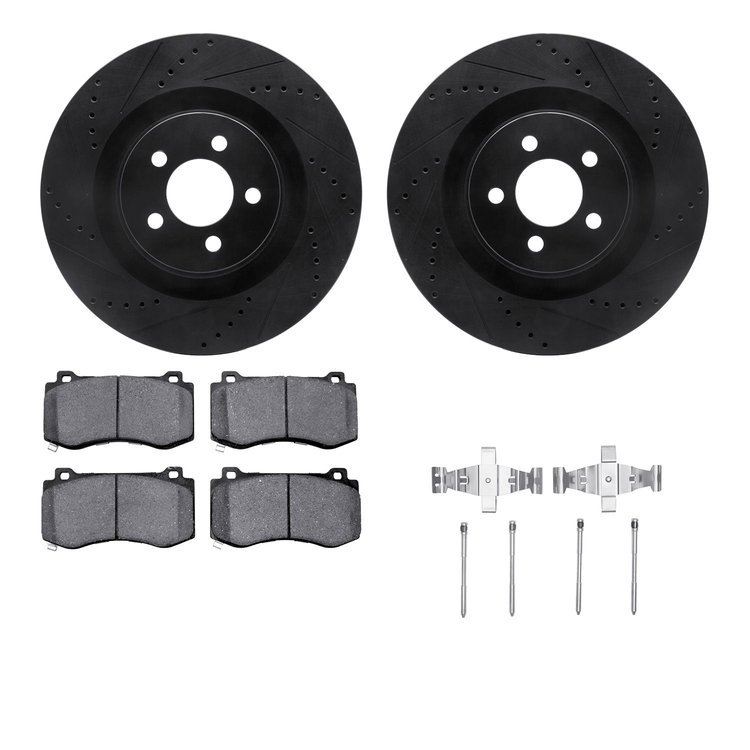 8512-39119 Drilled/Slotted Brake Rotors w/5000 Advanced Brake Pads Kit & Hardware [Black], Fits Select Mopar, Position: Front