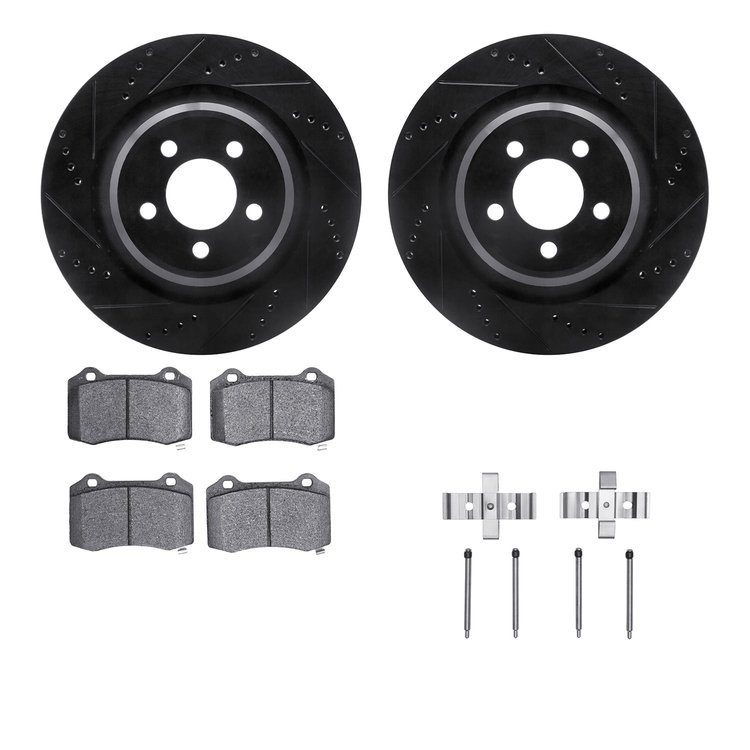 8512-39122 Drilled/Slotted Brake Rotors w/5000 Advanced Brake Pads Kit & Hardware [Black], 2005-2020 Mopar, Position: Rear