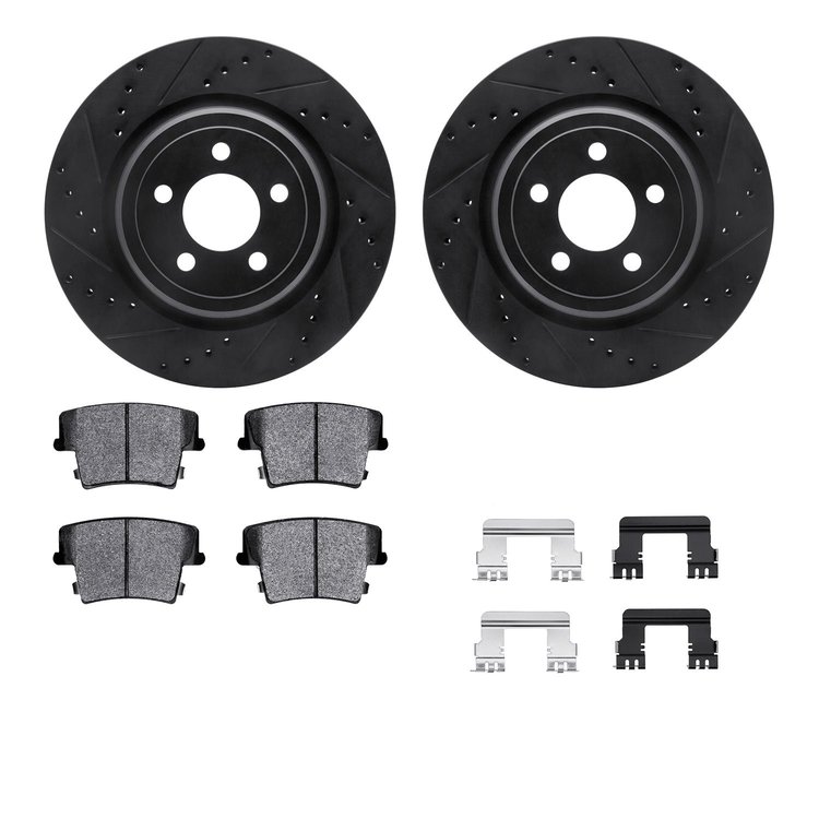 8512-39125 Drilled/Slotted Brake Rotors w/5000 Advanced Brake Pads Kit & Hardware [Black], 2006-2014 Mopar, Position: Rear