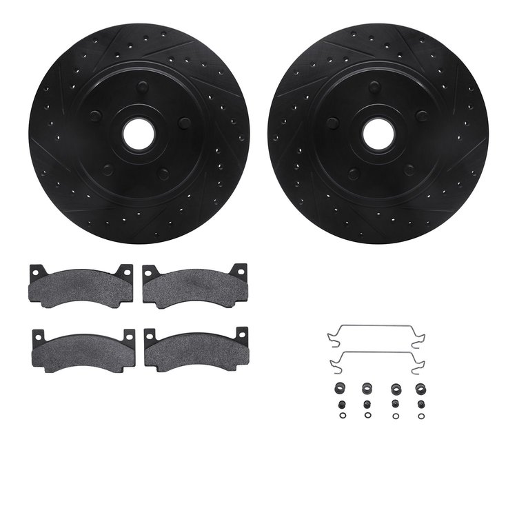 8512-40002 Drilled/Slotted Brake Rotors w/5000 Advanced Brake Pads Kit & Hardware [Black], 1976-1978 Mopar, Position: Front