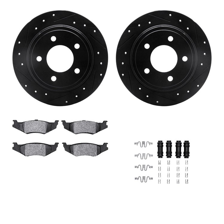 8512-40007 Drilled/Slotted Brake Rotors w/5000 Advanced Brake Pads Kit & Hardware [Black], 1993-2004 Mopar, Position: Rear