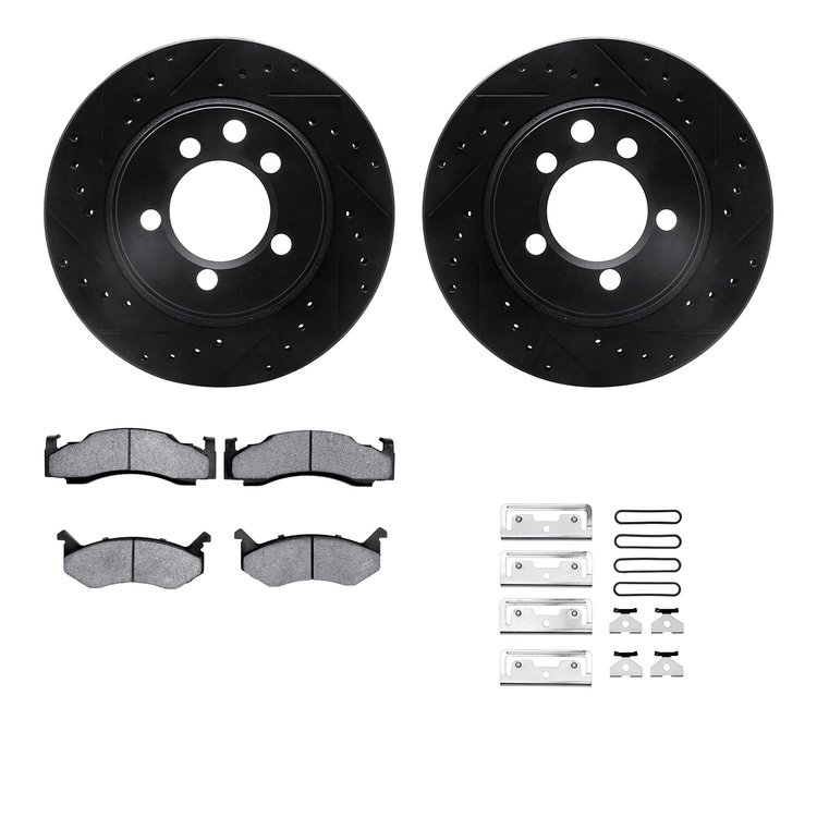 8512-40010 Drilled/Slotted Brake Rotors w/5000 Advanced Brake Pads Kit & Hardware [Black], 1974-1981 Mopar, Position: Front