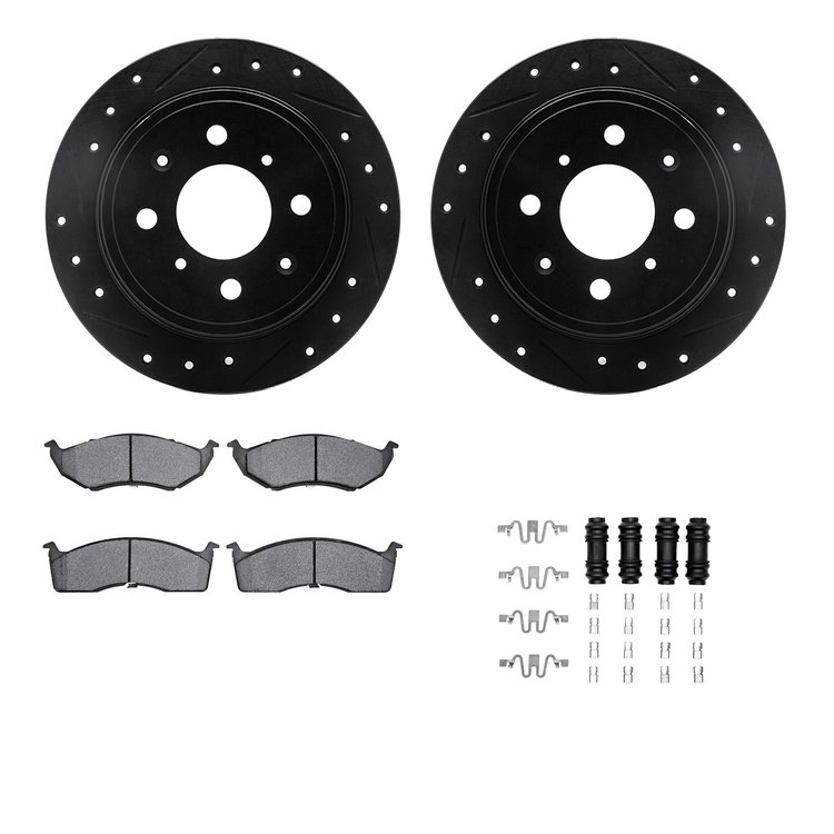8512-40019 Drilled/Slotted Brake Rotors w/5000 Advanced Brake Pads Kit & Hardware [Black], 1998-2000 Mopar, Position: Front