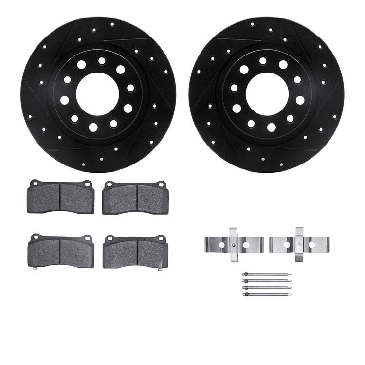 8512-40026 Drilled/Slotted Brake Rotors w/5000 Advanced Brake Pads Kit & Hardware [Black], 2003-2017 Mopar, Position: Rear