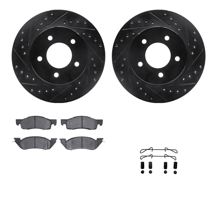 8512-40034 Drilled/Slotted Brake Rotors w/5000 Advanced Brake Pads Kit & Hardware [Black], 1987-1990 Mopar, Position: Front