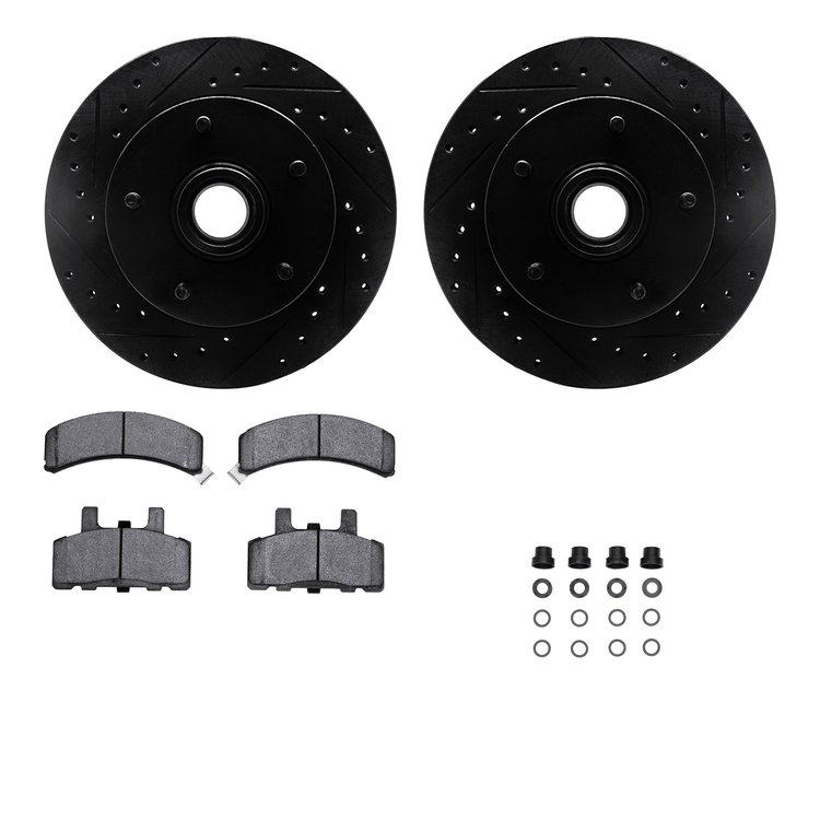 8512-40036 Drilled/Slotted Brake Rotors w/5000 Advanced Brake Pads Kit & Hardware [Black], 1999-1999 Mopar, Position: Front