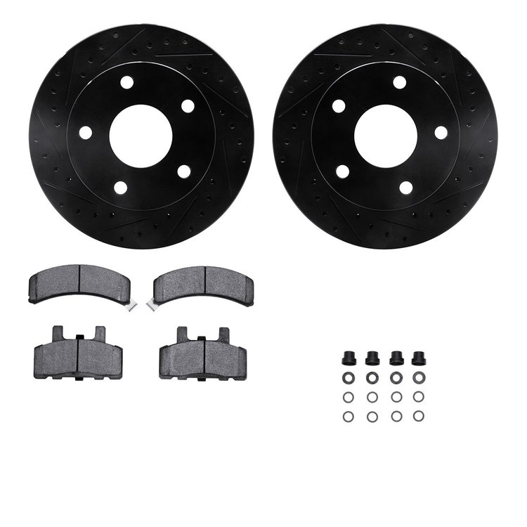 8512-40037 Drilled/Slotted Brake Rotors w/5000 Advanced Brake Pads Kit & Hardware [Black], 1999-1999 Mopar, Position: Front