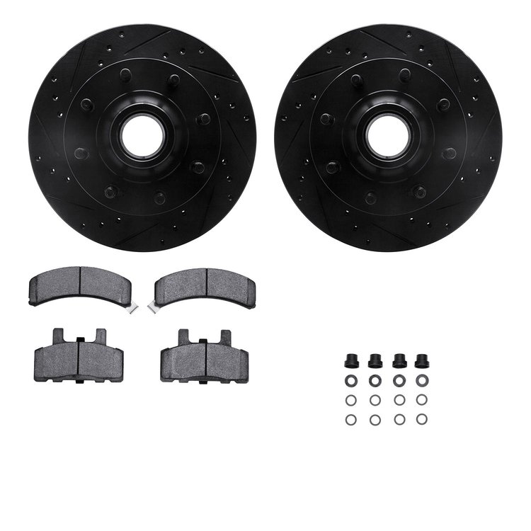 8512-40039 Drilled/Slotted Brake Rotors w/5000 Advanced Brake Pads Kit & Hardware [Black], 1994-1999 Mopar, Position: Front