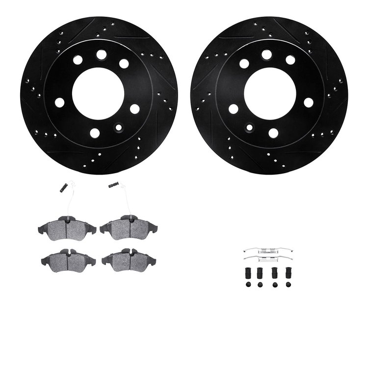 8512-40040 Drilled/Slotted Brake Rotors w/5000 Advanced Brake Pads Kit & Hardware [Black], 2002-2006 Multiple Makes/Models, Posi