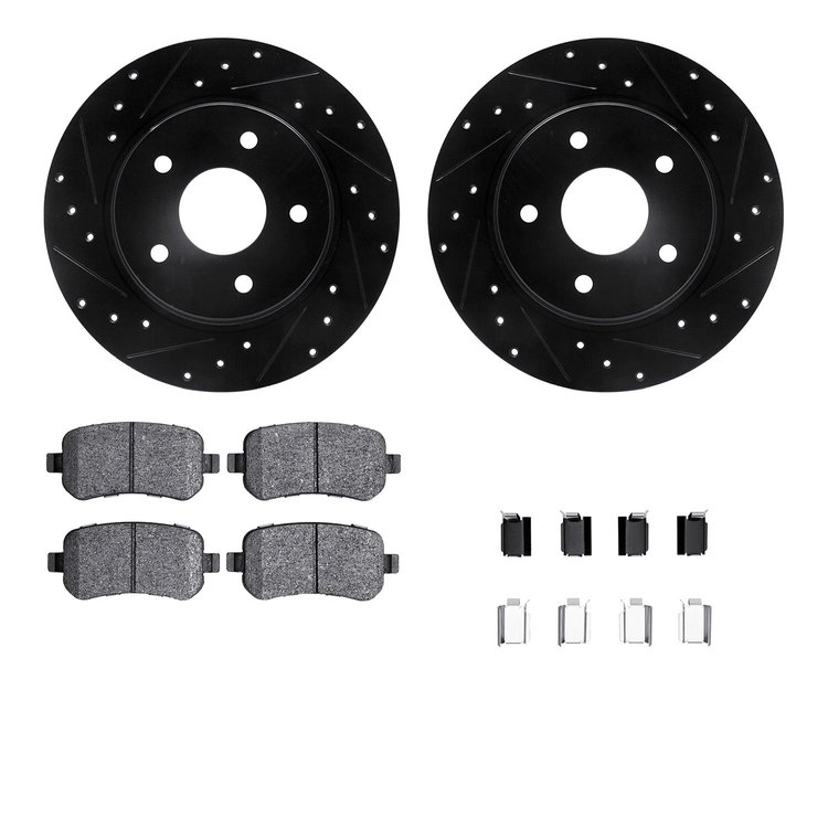 8512-40042 Drilled/Slotted Brake Rotors w/5000 Advanced Brake Pads Kit & Hardware [Black], 2008-2012 Mopar, Position: Rear