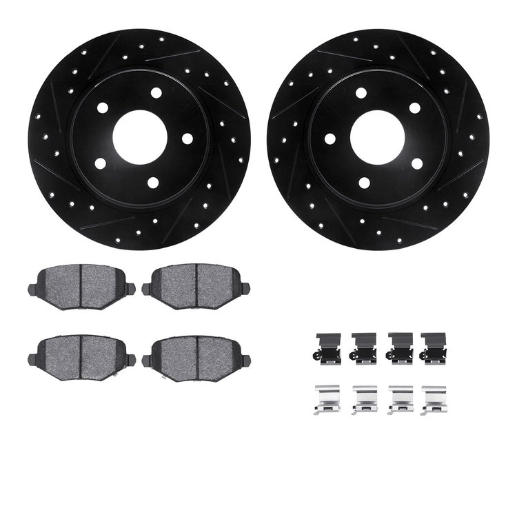 8512-40043 Drilled/Slotted Brake Rotors w/5000 Advanced Brake Pads Kit & Hardware [Black], 2012-2016 Mopar, Position: Rear