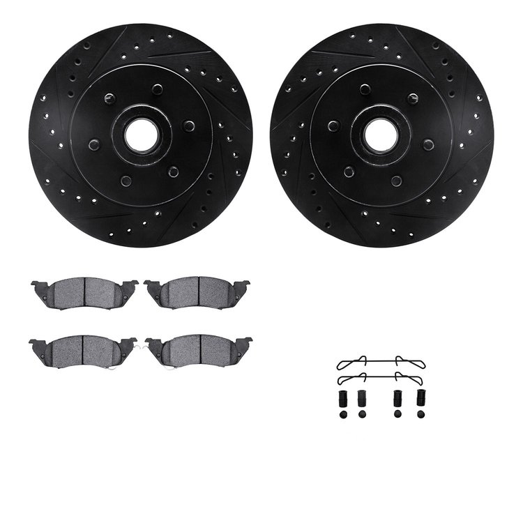 8512-40055 Drilled/Slotted Brake Rotors w/5000 Advanced Brake Pads Kit & Hardware [Black], 1991-1996 Mopar, Position: Front