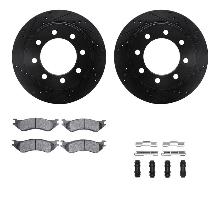 8512-40070 Drilled/Slotted Brake Rotors w/5000 Advanced Brake Pads Kit & Hardware [Black], 2003-2008 Mopar, Position: Rear