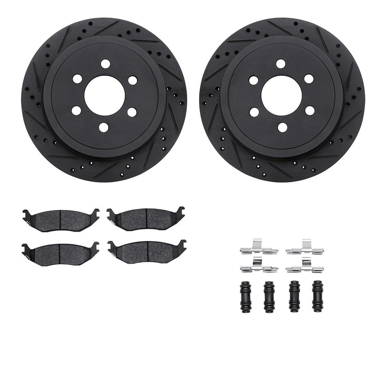 8512-40085 Drilled/Slotted Brake Rotors w/5000 Advanced Brake Pads Kit & Hardware [Black], 2003-2003 Mopar, Position: Rear