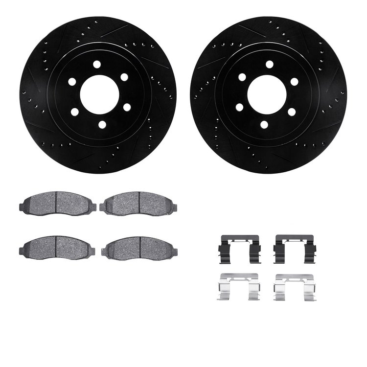 8512-40086 Drilled/Slotted Brake Rotors w/5000 Advanced Brake Pads Kit & Hardware [Black], 2003-2004 Mopar, Position: Front