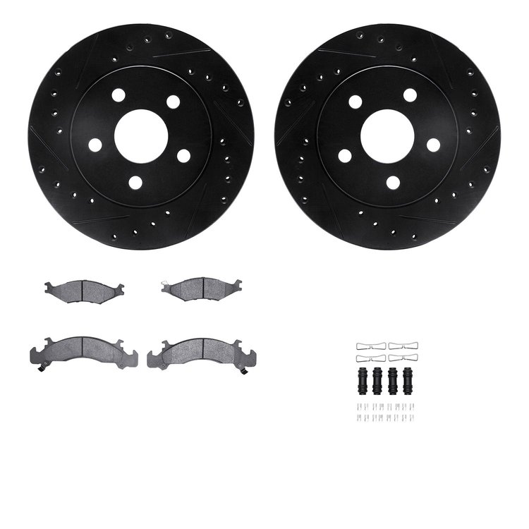 8512-40112 Drilled/Slotted Brake Rotors w/5000 Advanced Brake Pads Kit & Hardware [Black], 1991-1992 Mopar, Position: Front