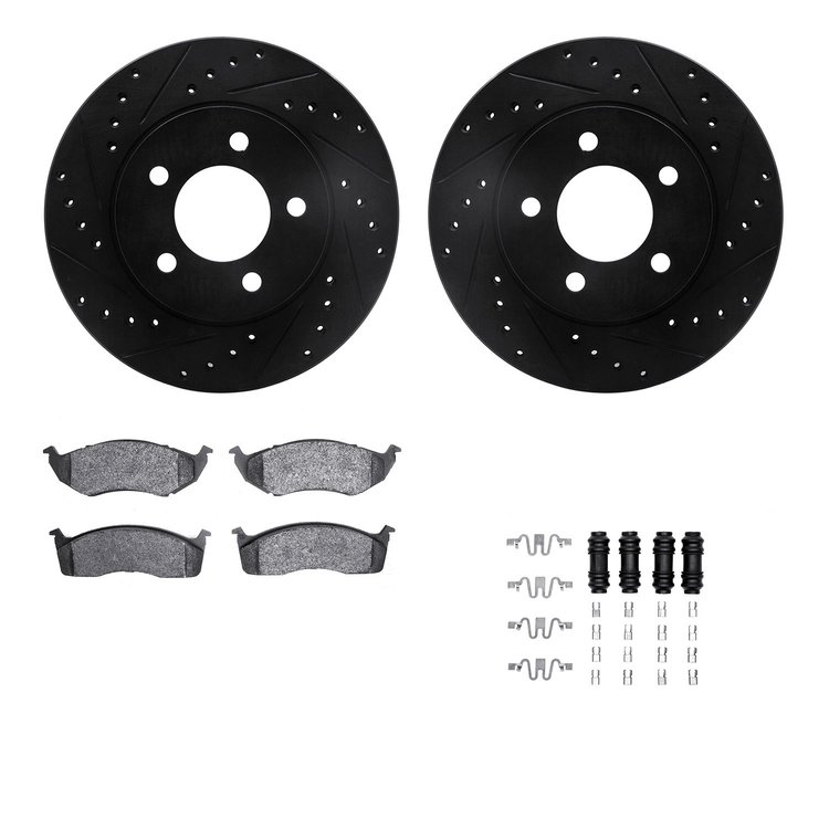 8512-40115 Drilled/Slotted Brake Rotors w/5000 Advanced Brake Pads Kit & Hardware [Black], 1993-1997 Mopar, Position: Front