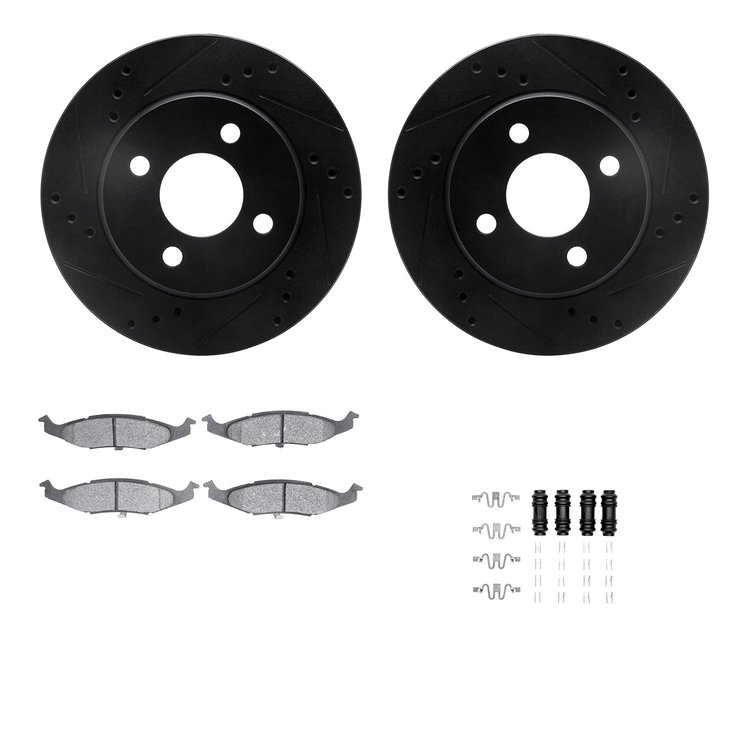 8512-40124 Drilled/Slotted Brake Rotors w/5000 Advanced Brake Pads Kit & Hardware [Black], 1995-1996 Mopar, Position: Front