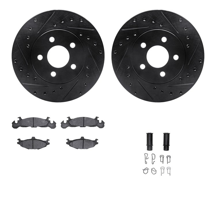 8512-40140 Drilled/Slotted Brake Rotors w/5000 Advanced Brake Pads Kit & Hardware [Black], 1984-1990 Mopar, Position: Front