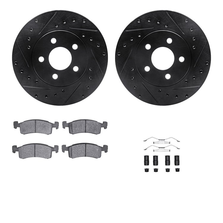 8512-40141 Drilled/Slotted Brake Rotors w/5000 Advanced Brake Pads Kit & Hardware [Black], 1984-1987 Mopar, Position: Front