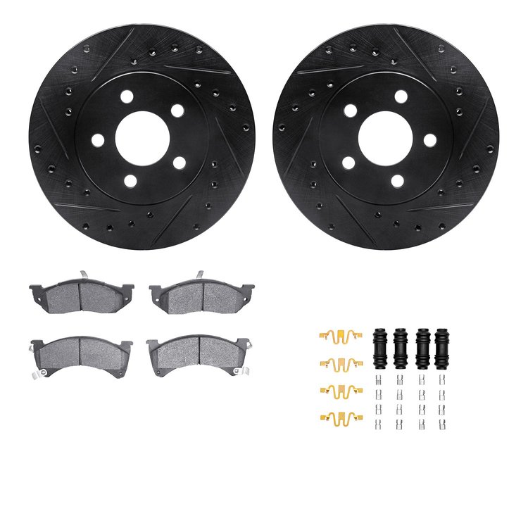 8512-40142 Drilled/Slotted Brake Rotors w/5000 Advanced Brake Pads Kit & Hardware [Black], 1988-1990 Mopar, Position: Front