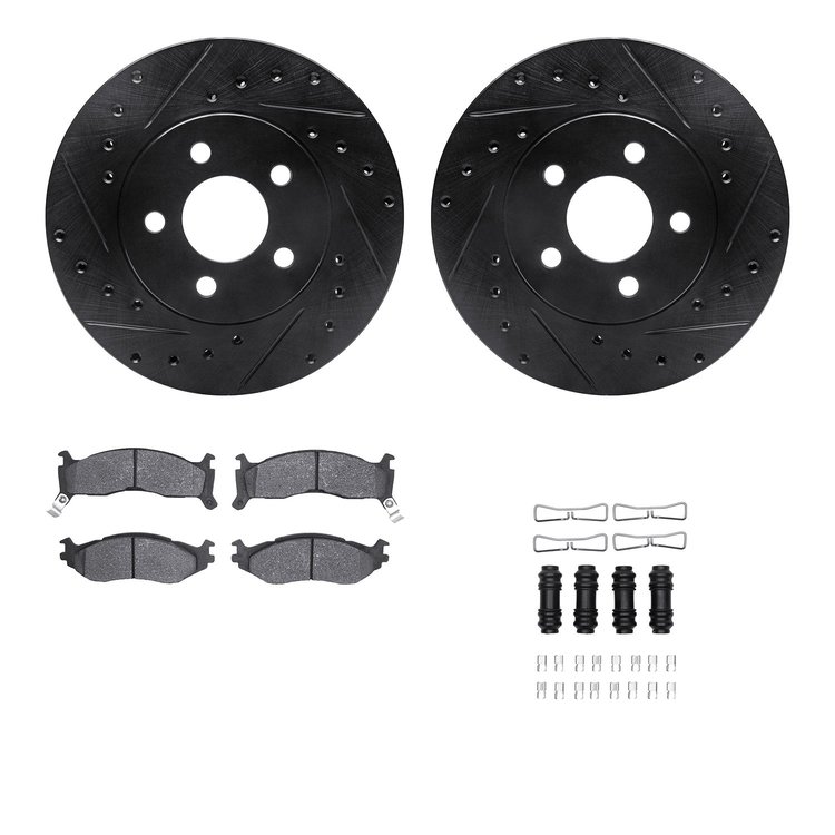 8512-40144 Drilled/Slotted Brake Rotors w/5000 Advanced Brake Pads Kit & Hardware [Black], 1991-1995 Mopar, Position: Front