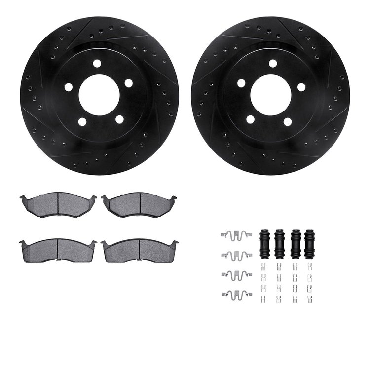 8512-40157 Drilled/Slotted Brake Rotors w/5000 Advanced Brake Pads Kit & Hardware [Black], 1999-2004 Mopar, Position: Front