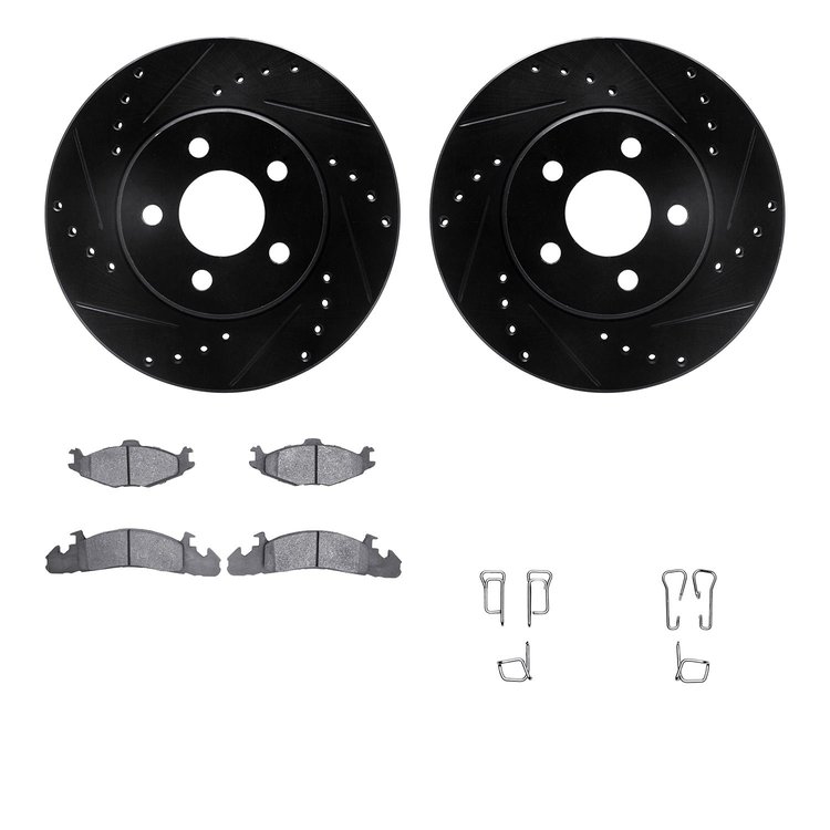 8512-40198 Drilled/Slotted Brake Rotors w/5000 Advanced Brake Pads Kit & Hardware [Black], 1986-1990 Mopar, Position: Front
