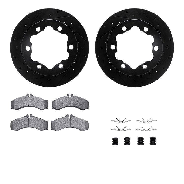 8512-40247 Drilled/Slotted Brake Rotors w/5000 Advanced Brake Pads Kit & Hardware [Black], 2006-2006 Mopar, Position: Rear